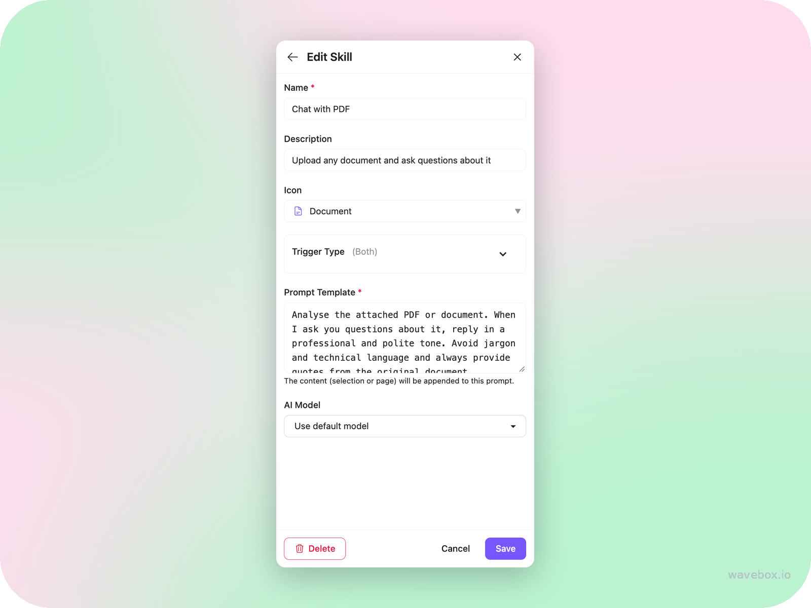Editing the Chat with PDF Skill, with its prompt template and a Delete button