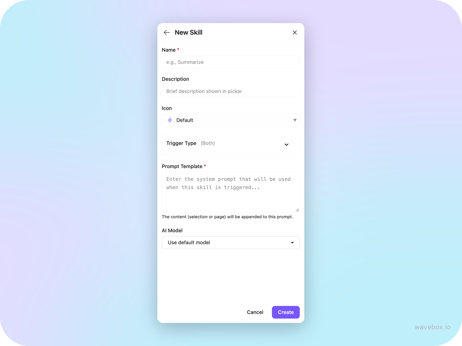 The New Skill form with name, description, icon, trigger type, prompt template and AI model fields