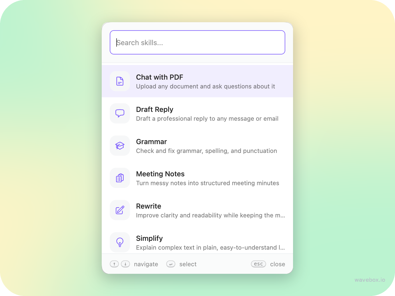 The searchable Skills popup opened from the right-click menu