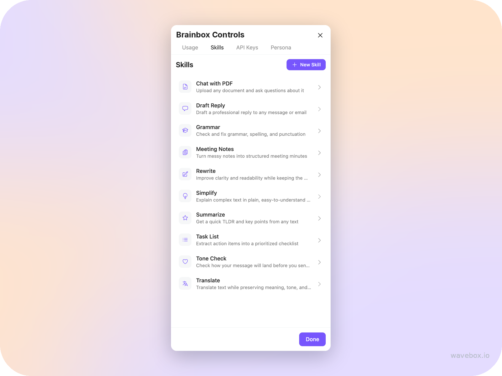 The Skills tab in the Brainbox Controls, listing every Skill with a New Skill button