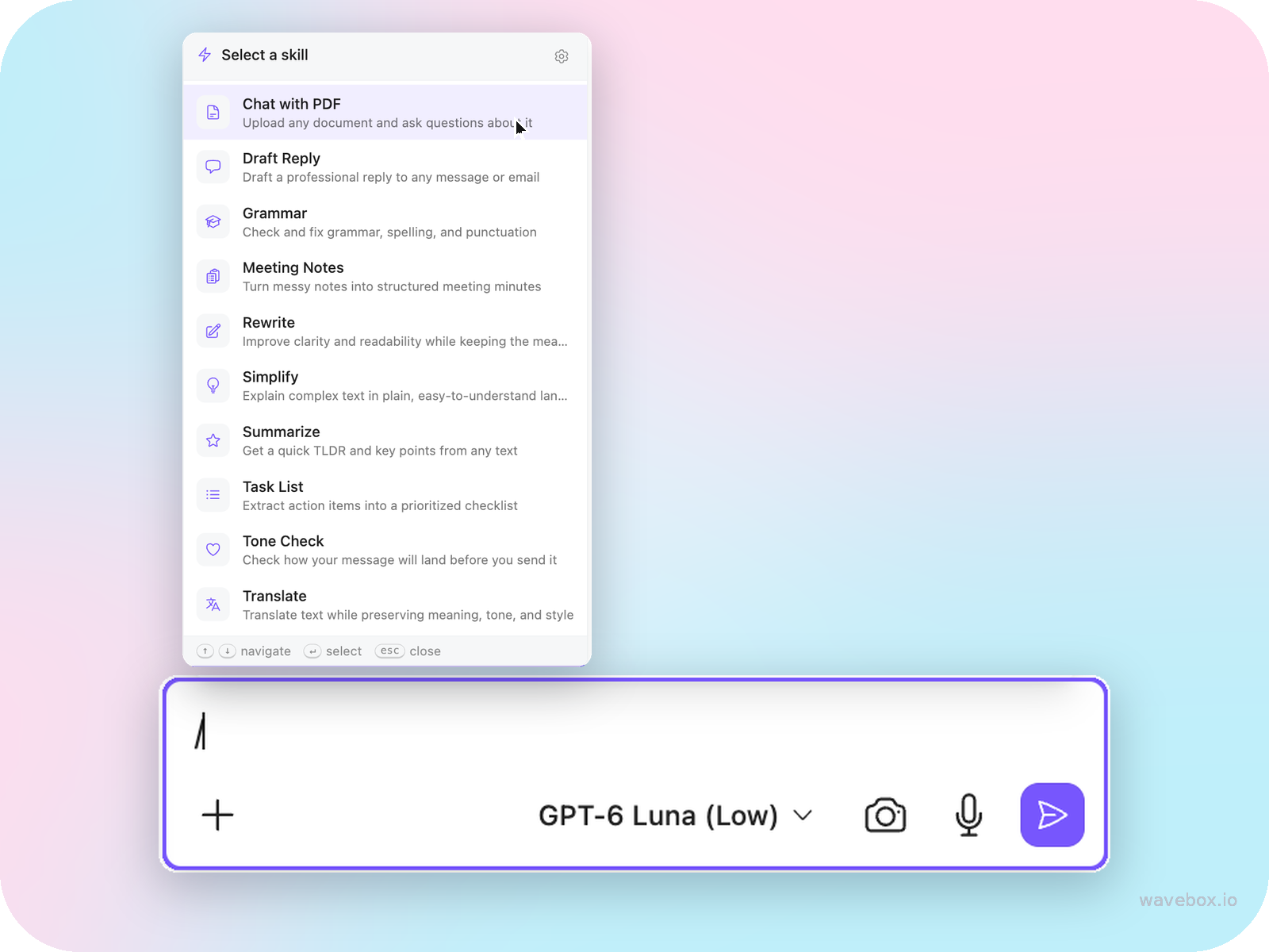 The Brainbox Skill picker open above the chat prompt box after typing /