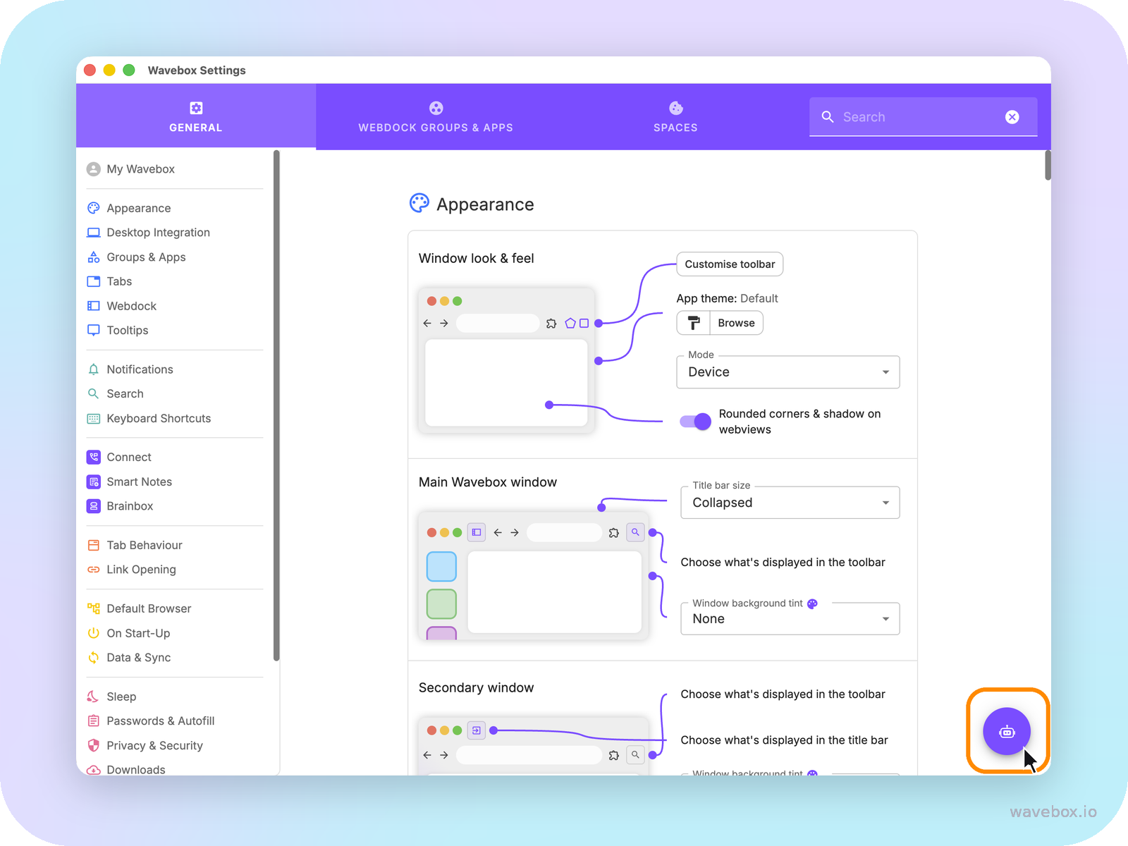 The Wavebox Settings window with the Chat with Settings button highlighted in the bottom corner