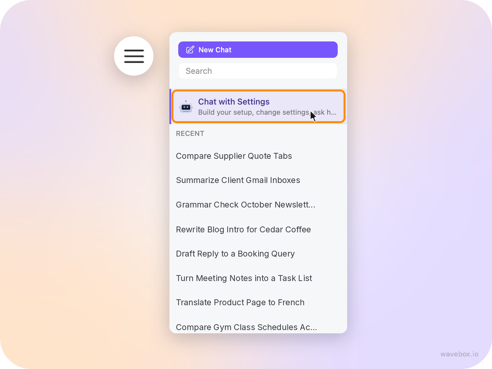 The Brainbox chat menu with Chat with Settings pinned at the top of the chat history