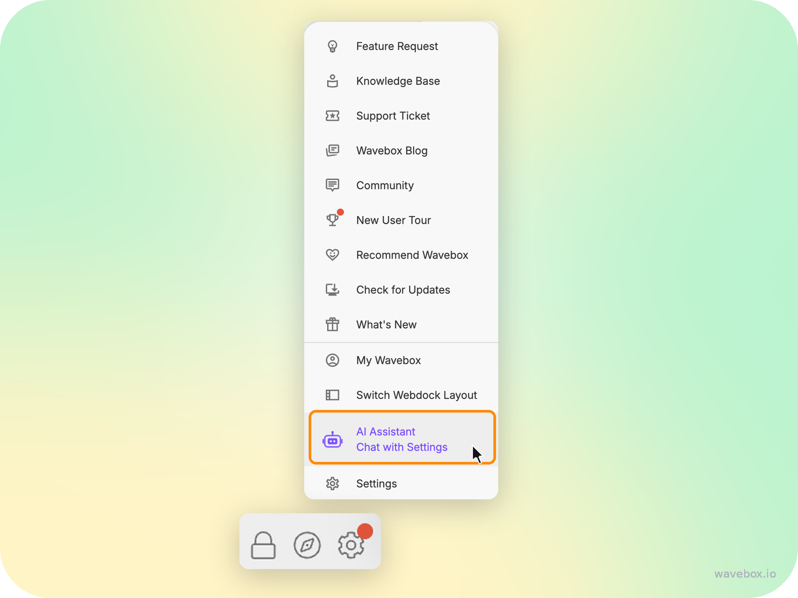 The webdock Settings cog menu with the AI Assistant Chat with Settings item highlighted