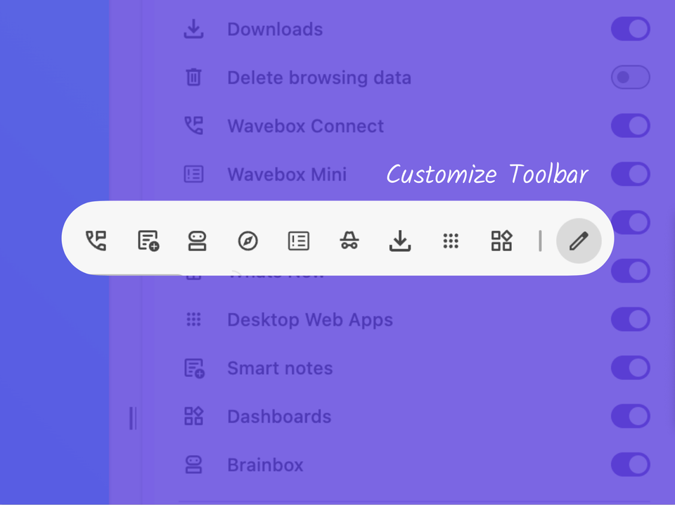 📌 Pin your Favorite Wavebox Features to the Toolbar.