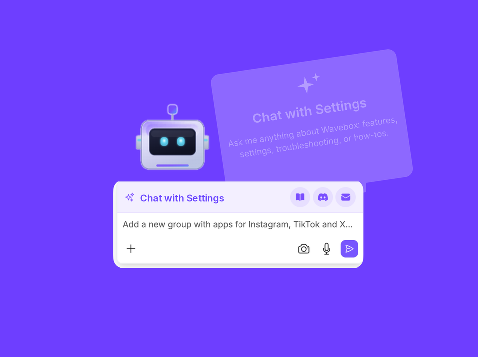 Chat with Settings: the Brainbox robot with the Chat with Settings prompt box on a purple background